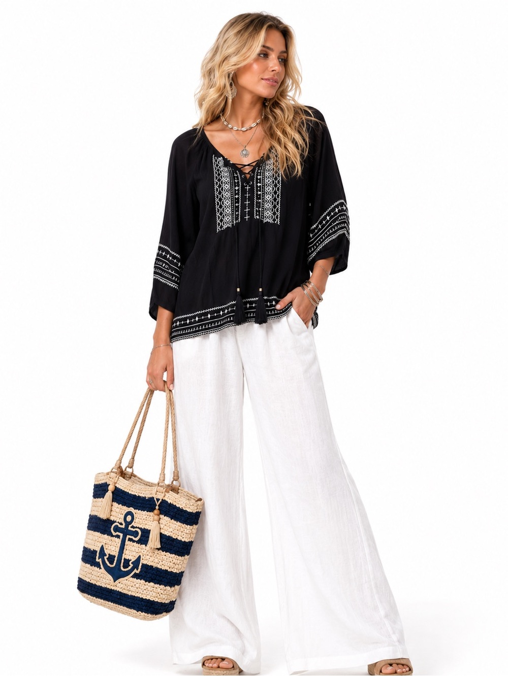 Navy blue boho chic Embroidered Peasant Top S 3/4 sleeve cotton